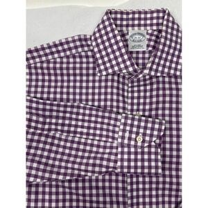 Brooks Brothers Gingham Check Dress Shirt Mens‎ 15-32 Purple Non Iron Cotton